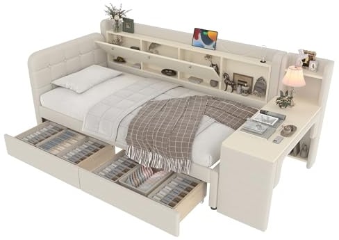 SOFTWEARY Stauraumbett mit Schreibtisch, Lattenrost, Regal, Schubladen, USB und Type-C Anschluss, Polsterbett, Einzelbett, Leinen (beige, 90x200 cm)
