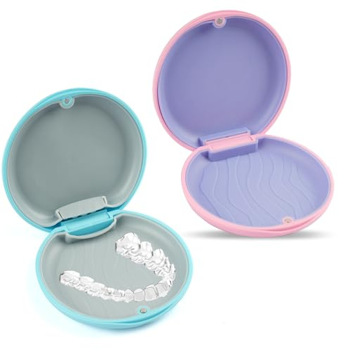 2 Stück Zahnspangendose,Zahnschiene Box,Runden Zahnprothesen Box,Gebissdose | Rosa/Blau Runden Prothesendose,Tragbarer,Zahnrettungsbox,Zahnspangenbox mit Silikonpad ,für Reisen und täglichen Gebrauch