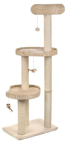 zooplus Natural Home III Arbre à chat, avec de généreux espaces de couchage en jacinthe d'eau, socle en bois véritable non traité, trois figurines en peluche, hauteur : 154 cm