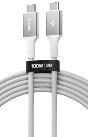 Spigen Essential 100W USB C Kabel, USB C auf USB C Kabel, Weiß/2M | PD 3.0 Ladekabel, E-Marker Chip, Schnellladekabel für iPhone 17/16, Samsung Galaxy S26, Google Pixel 11 Pro XL Fold, MacBook