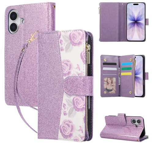 QLTYPRI Case for iPhone 17, Large Capacity Leather Wallet Case 6 Card Holder and 1 Zipper Pocket Kickstand Wrist Strap Magnetic Protective Cover for iPhone 17 - Glitter Flower Purple
