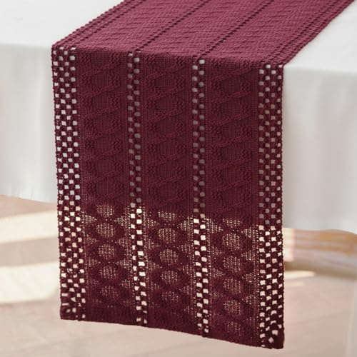 Brylleii Burgunderrot Tischläufer Häkel Boho Makramee Deko Tisch Läufer Modern 30x183 Frühling Baumwolle Tischdecke Leinen Landhausstil Abwaschbar Table Runner Schmal für Hochzeit Tischdeko