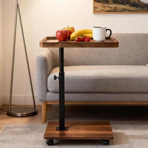 BITUSIC C Shaped Side Table, Adjustable Height End Tables, 360° Rotating Tray Table with 4 Wheels, Ideal for Living Room, Bedroom (Walnut Brown)