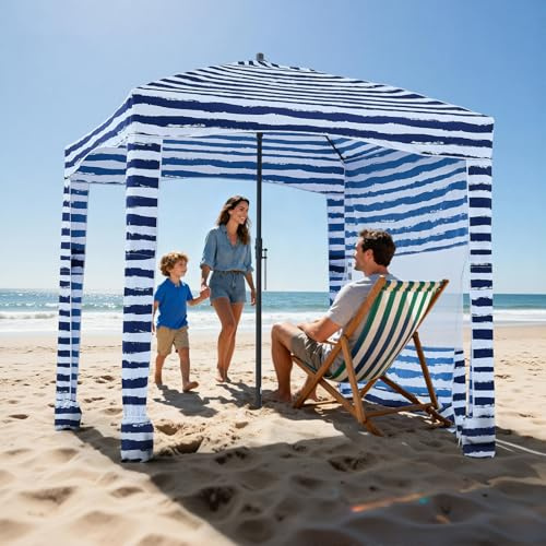 VEVOR Tonnelle de Plage 1,83x1,83 m, Abri de Plage avec Parois Latérales, Poches à Sable et Sac de Transport, Tente de Camping Extérieur, Protection UPF 50+, Hauteur Réglable, Ombrage Spacieux