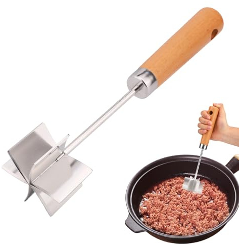 Stainless Steel Meat Chopper with Wooden Handle, 6-Blade Metal Ground Beef Masher Tool Heat Resistant Hamburger Smasher Multi-Use Kitchen Utensil for Vegetables Fruits Potatoes and More
