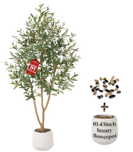 Keeplush Olivo Artificial 210 cm, Planta Artificial Grande tamaño con Maceta Blanca - 1230 Hojas realistas y 41 Aceitunas realistas, Ideal para Decorar oficinas, Salones y dormitorios