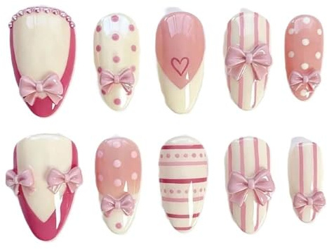 30pcs Music Notes Vine Pink French Style Cat's Eye False Nails Bows Polka Dot Designs Press On Nail Manicure Decorations(Y3)