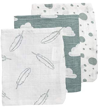 Meyco 458003 Mull/Musselin Waschlappen 3er Set 21x17cm Feder-Wolke-DOTS Stone Green-Weiss