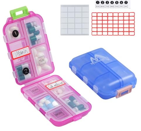 2er Pack Pillenetui Tragbarer kleiner 7-Tage-Pillen-Organizer-Pillenbox-Spender für Geldbörsenfächer Container Medicine Box von Muchengbao (Blau + Hellrot)