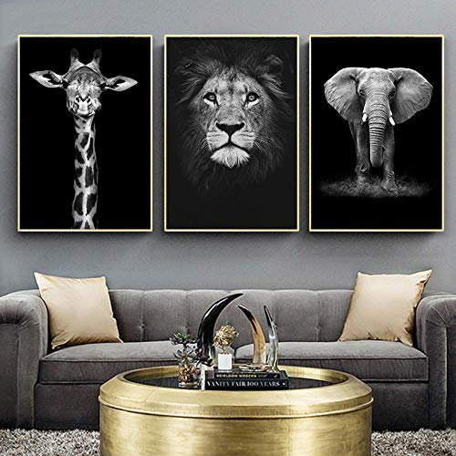 WKAQM Éléphant Zèbre Lion Girafe Rhino Noir Blanc Animal Toile Tableau Murale Art Peinture Affiche Moderne Tableaux Decoration Murale 40 × 60 cm × 3 sans Cadre