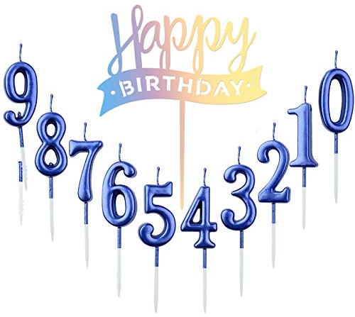 10 Stück Nummer 0-9 Geburtstag Ziffer Kuchen Kerzen + 1 Stück Brief Alles Gute zum Geburtstag Glitter Cake Topper Dekoration Kuchen Nummer Digitale Kerzen für Hochzeit (Blau)
