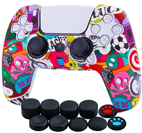 YoRHa Water Transfer Printing Silicone Thickened Cover Skin Case for PS5 Dualsense Controller x 1(Grimace) with Thumb Grips x 10