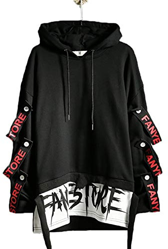 Hello MrLin Herren Techwear Japanischer Harajuku Kapuzenpullover Hip Hop Streetwear Urban Hoodie, Schwarz, L