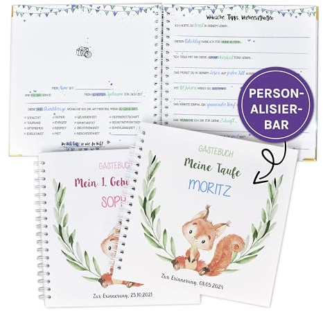 Gästebuch zur Taufe oder zum 1.Geburtstag mit vorgedruckten Fragen zum Ausfüllen für die Gäste als Erinnerung, mit Name und Datum personalisierbares Erinnerungsalbum, Taufgeschenk, Fuchs
