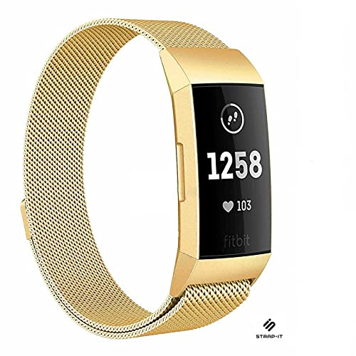 Strap-it Milanese Gold - Passend für Fitbit Charge 3 & Fitbit Charge 4 - Armband für Smartwatch - Ersatzarmband Edelstahl - für Damen und Herren - Zubehör passend für Fitbit Charge 3 & Fitbit Charge 4
