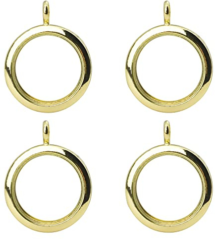 WANDIC Glossy Photo Charms, 4 pieces Gold Round Memory Locket Pendant Bridal Wedding Bouquet Charms for Photo or Decoration, 30mm