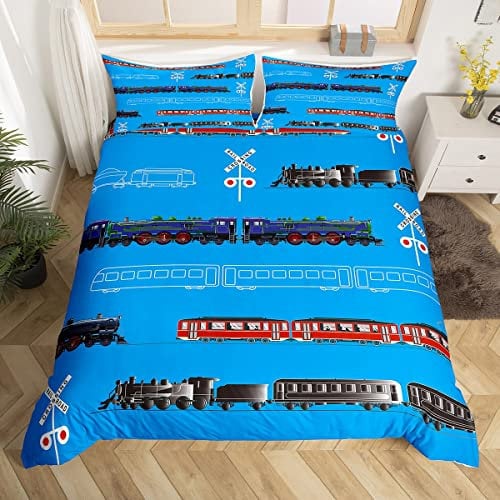 Loussiesd Train Kids Boys Duvet Cover Retro Steam Engine Toddler Bedding Set for Teens Railway Track Transport Comforter CoverRed Blue Black Quilt Cover Room 3Pcs Double Size,Zipper