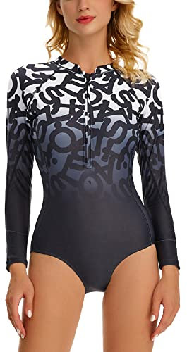 FEOYA Traje de Baño Manga Larga Una Pieza Mujer Ropa de Natación de Protección Solar Secado Rápido Bañador para Buceo Negro 05 Talla XXL