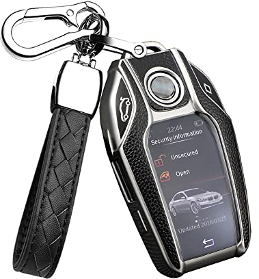 HIBEYO Smart Autoschlüssel Hülle passt für BMW Schlüsselhülle Schutzhülle passt für BMW Neu 5er 7er i8 730li 740li 750li Neuen X3 X7 Schlüsselbox Display Key Schlüsselgehäuse TPU Leder Texture-Silber