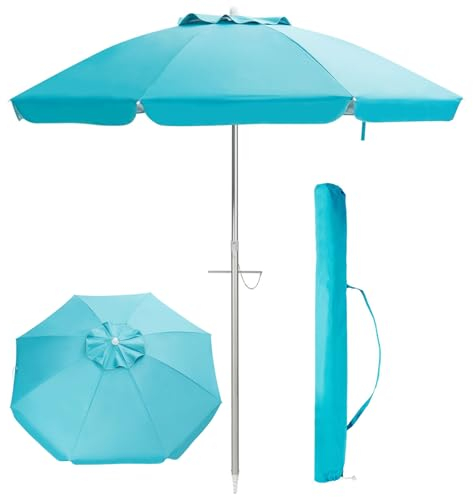 GOPLUS Strandschirm, Sonnenschirm um 30° knickbar, Gartenschirm UV 50+, Tischschirm mit Bodenhülse, Marktschirm Terrassenschirm, inkl. Schutzhülle, 8 Rippen Fiberglas (Blau, 180cm)