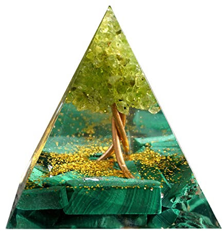 Pyramide d'orgonite d'arbre Faite à la Main, péridot avec Pierre de Malachite, générateur d'énergie Reiki Positif, Collection d'orgones de guérison en Cristal Richesse Méditation Outil