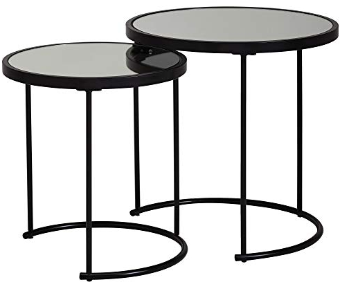 möbelando Design Beistelltisch Rund Ø 50/42 cm - 2 teilig Schwarz mit Spiegel Glas | Wohnzimmertisch 2er Set | Satztisch verspiegelt | Couchtisch