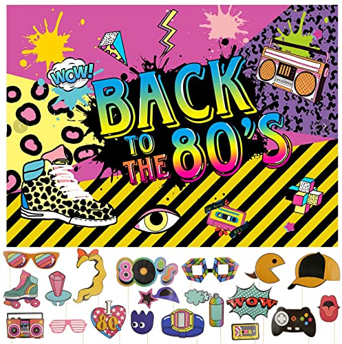 hocadon 80er Party Retro Dekoration Banner mit 19 STK 80er Jahre Party Photo Booth Requisiten, 80er Jahre Party Zubehör für 80er Deko Mottoparty, Party Lieferungen, 59,1 x 39,4 Zoll
