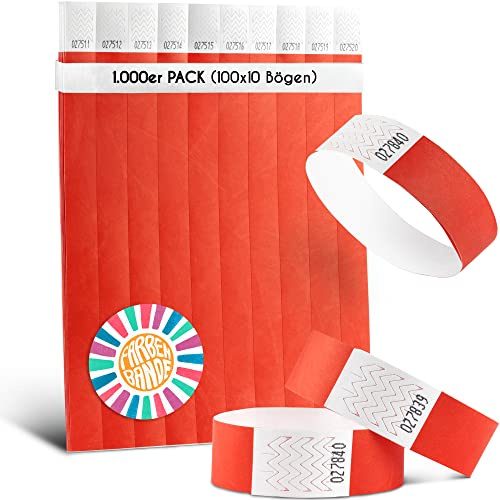 FARBEN BANDE® 1000 Einlassbänder Rot/Eintrittsbänder 19mm aus Tyvek/Party Bändchen reißfest, wasserdicht und nummeriert/farbige Partybänder/Einlassbändchen für Party, Festival & Feste