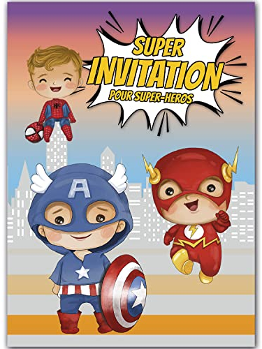 Lola et Louis (L&L) 10 Einladungskarten zum Geburtstag auf Französisch • 10 Umschläge • Superhelden-Themen (Spiderman, Flash, Captain America, Batman) • Karten zum Einladen von Mädchen und Jungen