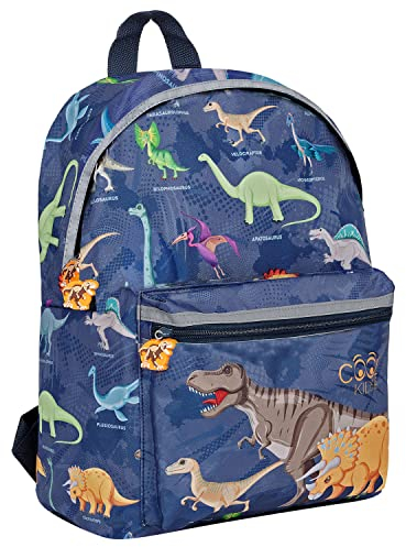 PERLETTI Kinder Rucksack Blau für Kleine Jungen 3 4 5 Jahre - Kleine Kinderrucksack für Jungen Kindergarten Reisen Outdoor - Kindergartenrucksack mit Reflektierendem Rand - 38x26x16 cm (Dinosaurier)