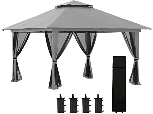 Outsunny Faltpavillon 4 x 4 m, Pavillon mit 4 Moskitonetz, Höhenverstellbares Pop-Up-Zelt UV-Schutz 50+, Partyzelt mit Doppeldach, Tragetasche, für Balkon, Campingplatz, Oxford-Polyester Dunkelgrau