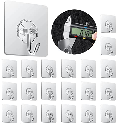 Heavy Duty Self Adhesive Hooks, 20 Pieces - Reusable, Waterproof, 44 lb/ 20kg (Max), Transparent, Ideal for Bathroom & Kitchen
