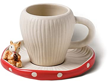 RESVUGA Netter Pilzbecher mit netter Eichhörnchen Untertasse, handgemachte Glasur Polka Dot, Sicherheits Matt Keramik Milchbecher, 280ml Cartoon Tee Tasse.