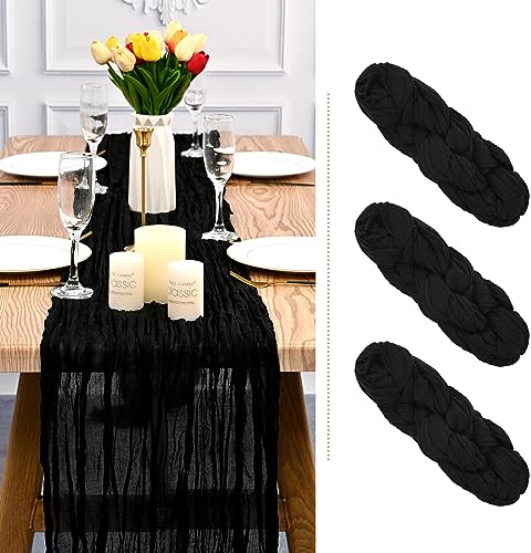 3 Stück Käsetuch Tischläufer Schwarz, 90 x 300 cm Tischläufer Boho Style Rustikaler Seihtuch Gaze Stoff Tischdekoration für Vintage Hochzeit Geburtstage Babyparty Urlaub Party