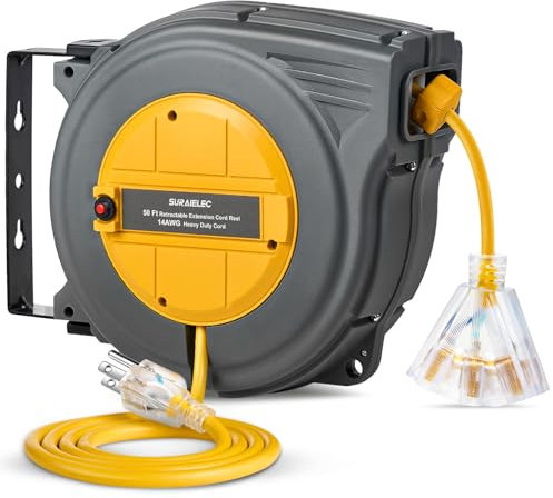 SURAIELEC 50 FT Retractable Extension Cord Reel, 14AWG/3C SJTW Power Cord Storage Reel, 3 Outlets Triple Tap, 13A Circuit Breaker, Wall Mount/Ceiling Hanging for Workshop, Garage, ETL Listed
