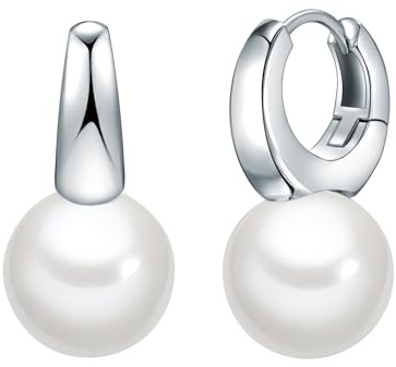 Lulu Jane Damen Ohrringe Messing | Silber-Optik, Klappcreolen, Muschelkernperle, ca. 12,0 mm, weiß, rund