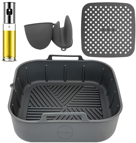 Pack de 4 Accesorios para Freidora de Aire, Incluye Molde de Silicona 23 cm, Pulverizador, Alfombrilla y Guantes | Compatible con Freidoras Cosori 6L/6.4L y Cecotec 7.6L | Libre de BPA y Reutilizable.