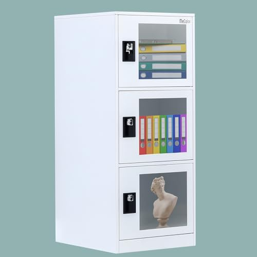 MECOLOR Kleiner Aufbewahrungsschrank, Spind mit Vorhängeschloss-Riegel, Vitrine mit transparenten Türen, Verriegelbarer Stahlspind für Schlafzimmer, freistehender Schrank für Wohnzimmer