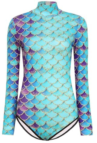 Aiihoo Damen Meerjungfrau Kostüm Einteiler Badeanzug Langarm Body Schwimmanzug mit Fischschuppen Bauchweg Oberteil Bikini Swimmwear Grün M