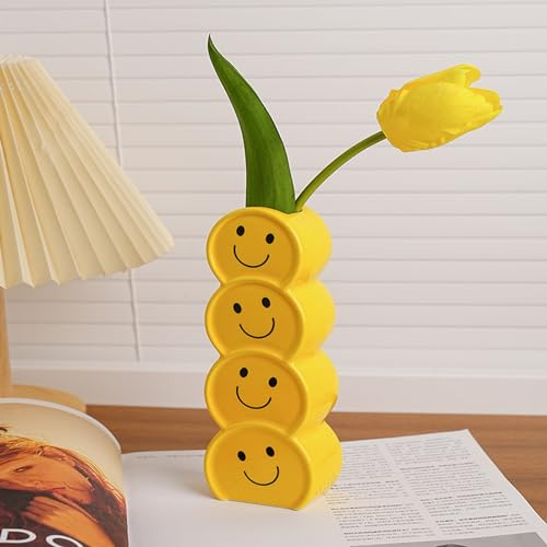 Smiley-Vase, gelbe Keramikvase für Blumen, gelbes glückliches Gesicht, einzigartige Blumenvase, moderne Bauernhaus-Heimdekoration, Blumenvase, ästhetische Vase, Keramik, dekorative Gesichtsvasen für