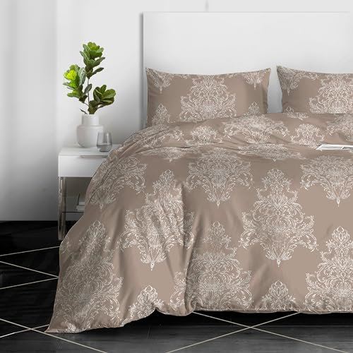 RAYBedding 3PCS King Size Duvet Cover Set 100% Egyptian Cotton Bedding King Size Bed Set 400 Thread Count Floral Printed Beige Bliss Duvet Cover King with Pillow Cases 2 Pack