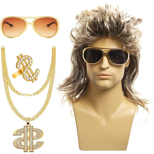 Ymoryiyi Vokuhila Perücke Herren 5er Set 70er 80er 90er Jahre Outfit für Herren Lustiges Hippie Kostüm für 80er Jahre Disco Mottoparty Perücke Herren