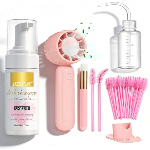 WOZUTUNT Wimpernverlängerungsreiniger, Wimpernschaum, Wimpern-Shampoo für Extensions, tragbarer USB-wiederaufladbarer Mini-Ventilator