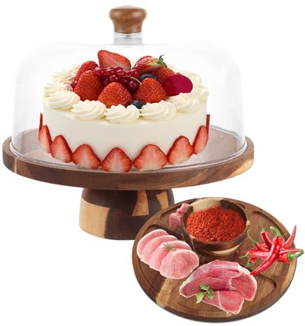 Oungy Holz Tortenplatte mit Fuß und Haube Ø 30cm Holz Tortenplatte mit Acryl Deckel Kuchenständer Cake Stand für Cupcakes Nachmittagstee Kuchen Party