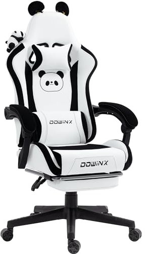 Dowinx Gaming Chair Cute with Panda Ears and Massage Lumbar Support, Ergonomic Computer Chair for Girl with Footrest and Headrest, Comfortable Reclining Game Chair 290lbs for Adult, Teen, Panda