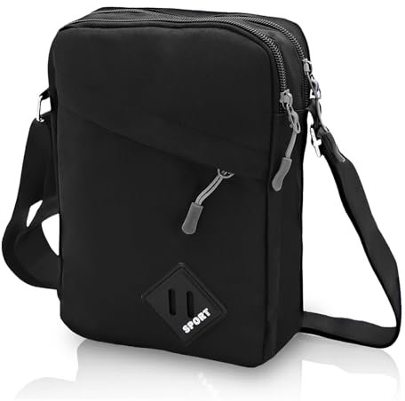 Geebymol Mens Shoulder Bag Nylon and Oxford Crossbody Bag, Messenger Bag with Zipper and Adjustable Strap, Casual Chest Sling Bag, Mens Gifts for Fathers Day (Black)