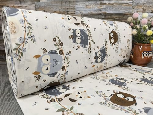 240cm Breit Meterware ab 50cm Popeline Baumwolle Stoff Baumwollstoff Kinderstoffe Stoffe Eule Babystoffe Ranforce Bastelstoff ÖKO-TEX VP0K064 (Grau überwiegend)