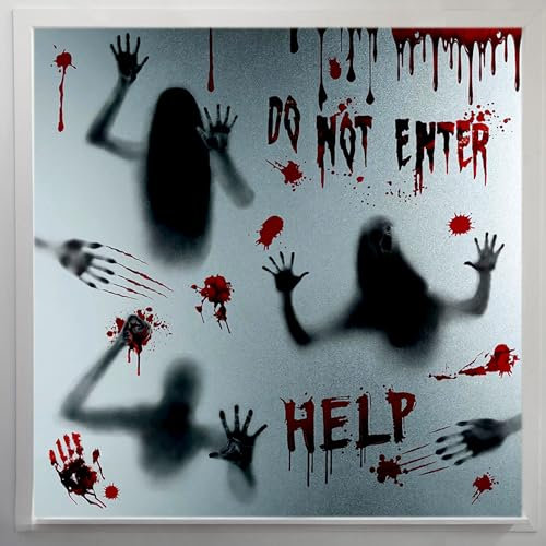 VireEyU Decoración de Halloween: Set de 9 Adhesivos de Ventana Terroríficos con Grandes Huellas de Manos Sangrientas y Siluetas de Zombies, Ideales para Puertas y Paredes en Halloween