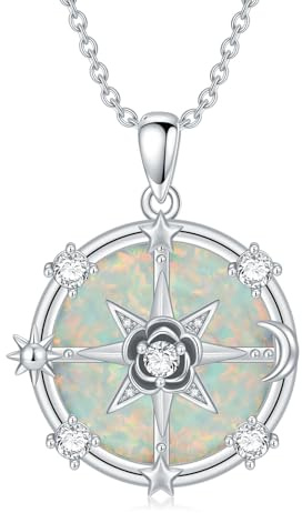 ADLSTIGH Compass Necklace for Women Rose Flower Necklace for Women 925 Sterling Silver Sun Moon Star Necklace Opal Pendant Necklace Crystal Compass Jewelry Gifts, Sterling Silver, Opal
