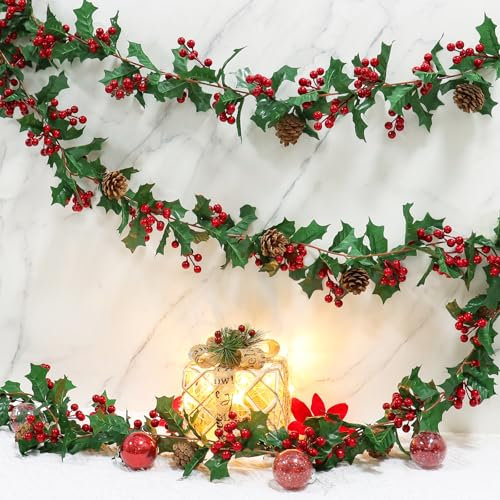 Dremisland Weihnachtsgirlande Künstliche Pflanzen mit Rot Beeren Tannenzapfen Weihnachtskranz Tannengirlande Faux Reben Grün Hängepflanze für Kamintor Treppe Tischdeko Weihnachten Dekor